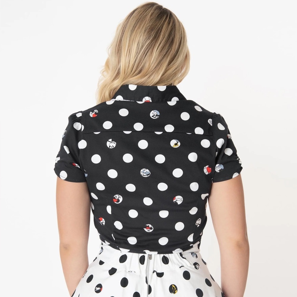 Disney Loungefly Stitch Shoppe Minnie Peek-a-Boo Polka Dot Black White Top, M - Picture 3 of 10